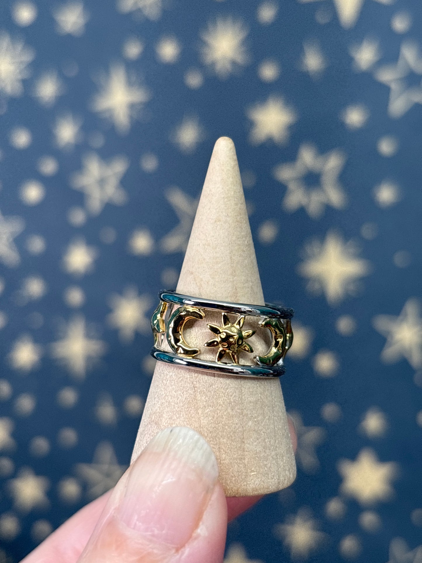 Star/Moon 18k Gold Plated and Silver Stainless Steel Adjustable Ring