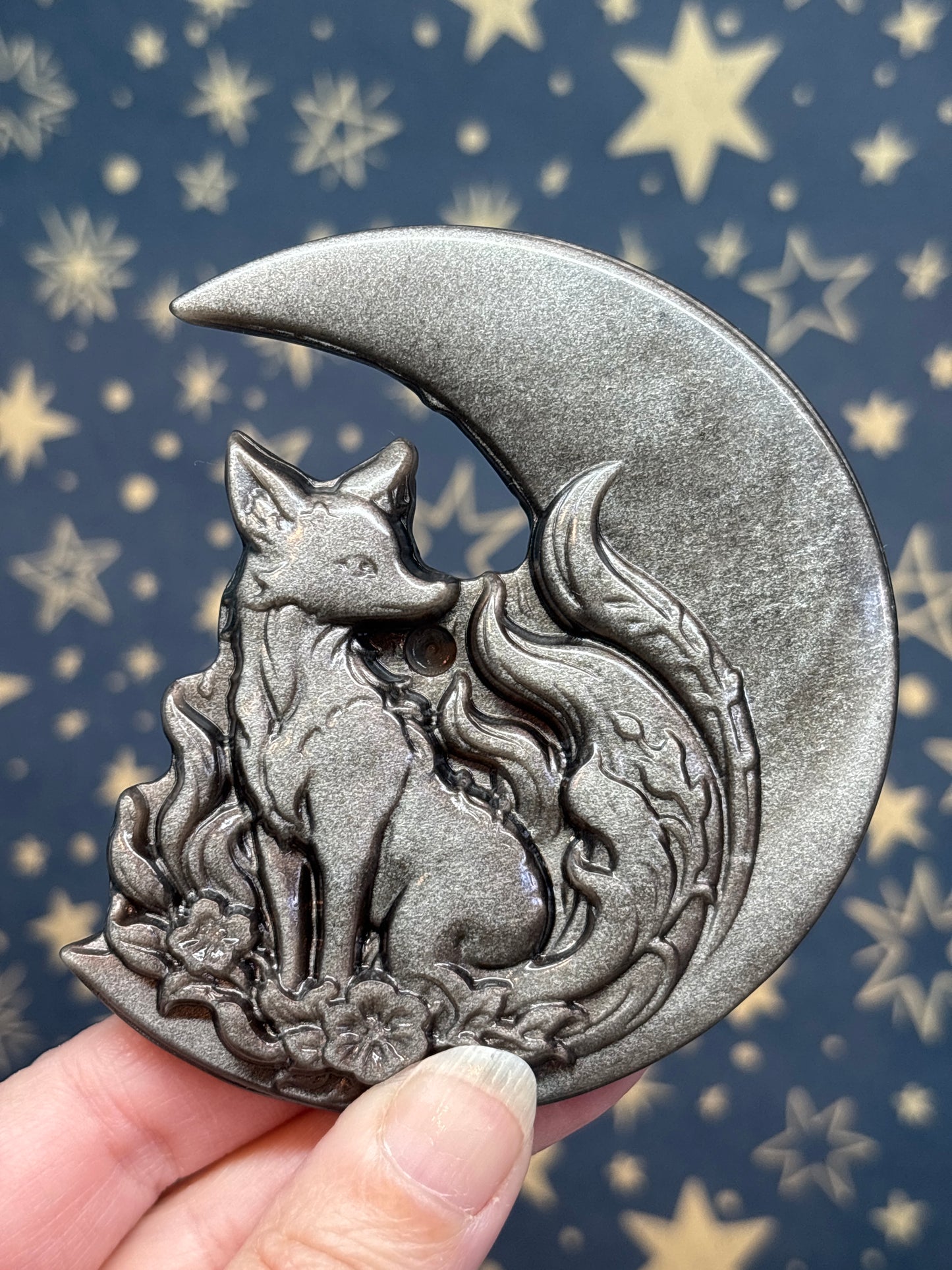 Silver Sheen Obsidian 9 Tail Fox with Moon on Stand