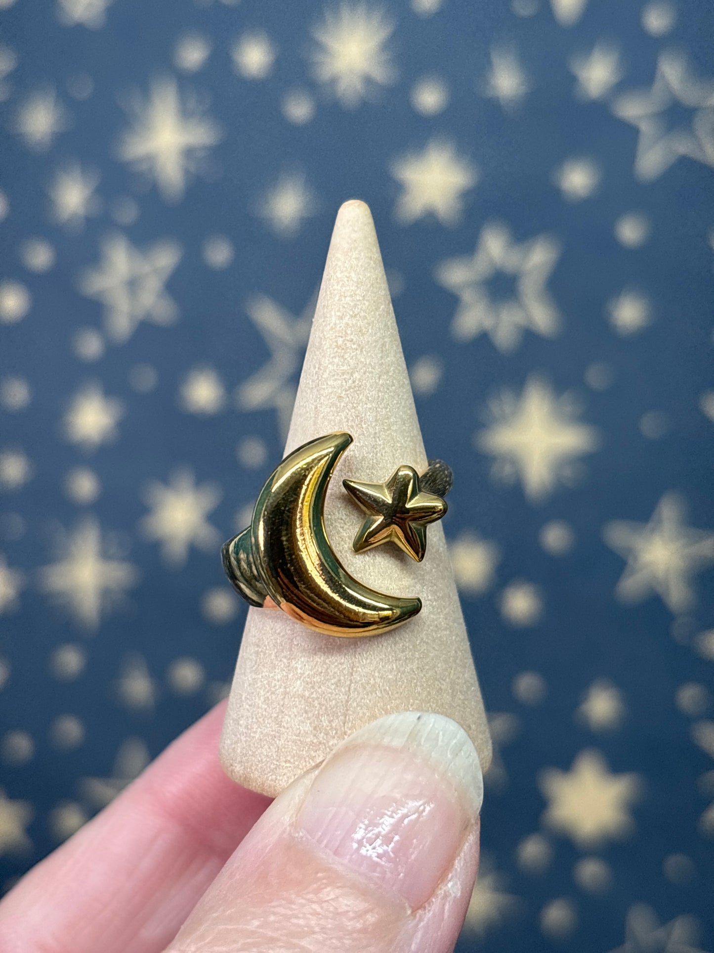 Star/Moon 18k Gold Plated Stainless Steel Adjustable Ring
