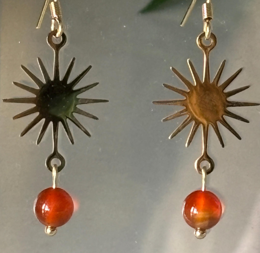 Carnelian Sun Gold Plated Stainless Steel Drop Earrings
