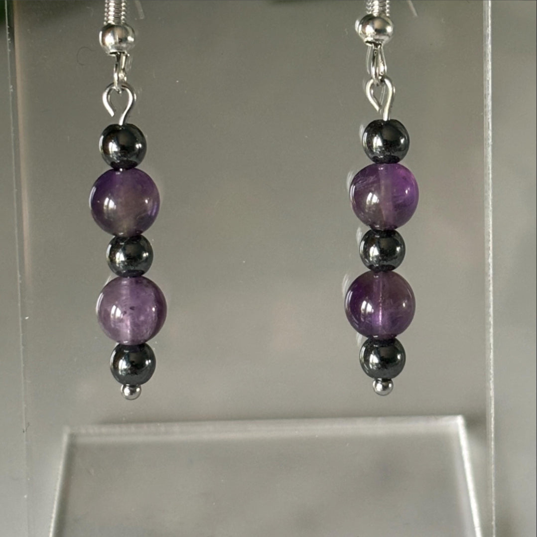 Amethyst and Hematite Stainless Steel Drop Earrings