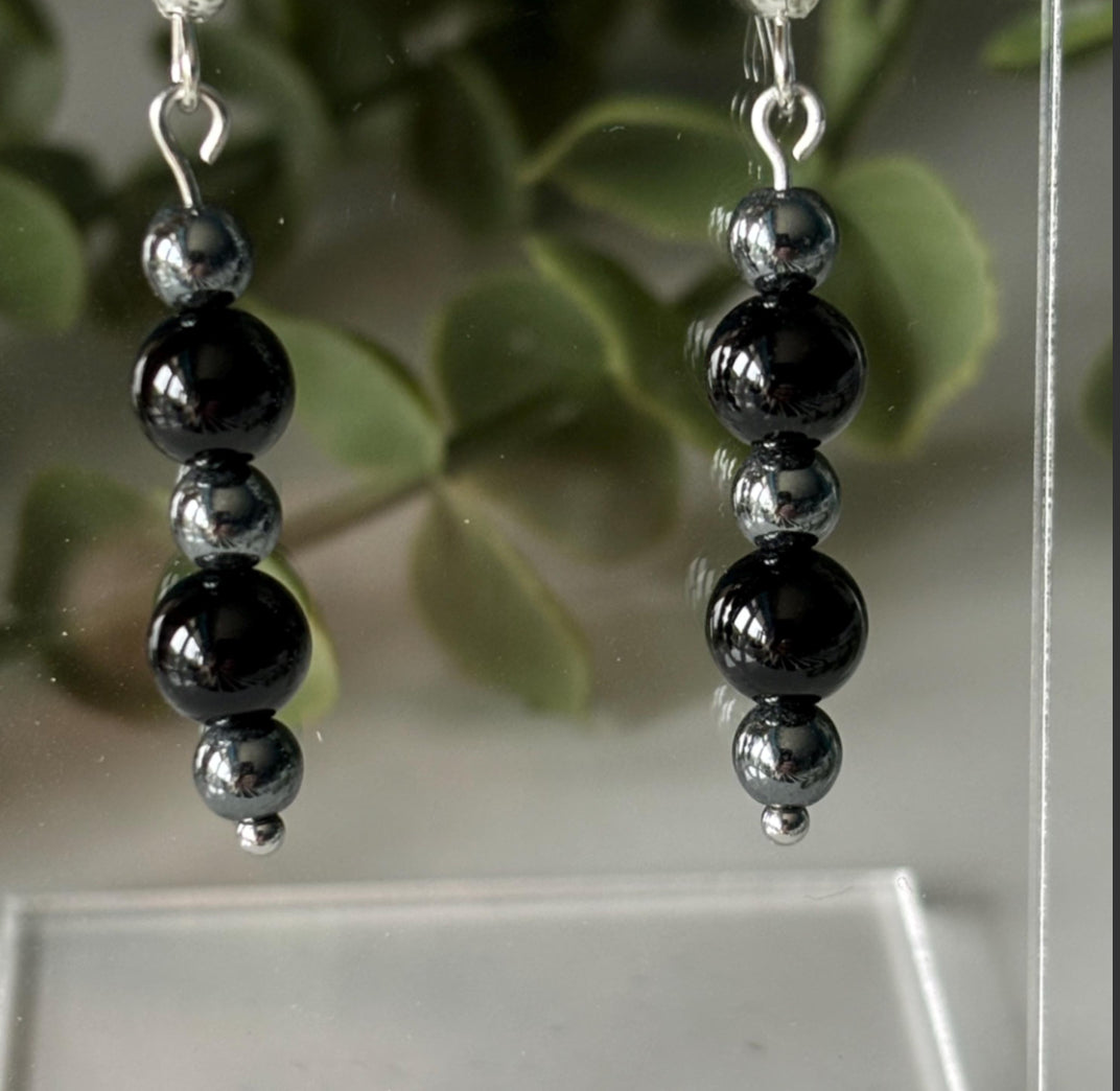 Black Onyx and Hematite Stainless Steel Drop Earrings