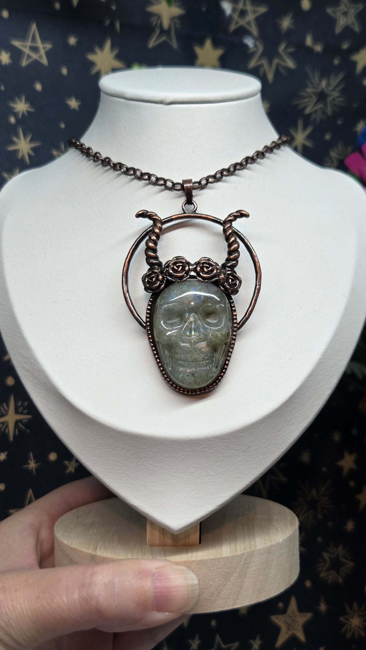 Labradorite Horned Skull Pendant/Necklace in Antique Bronze