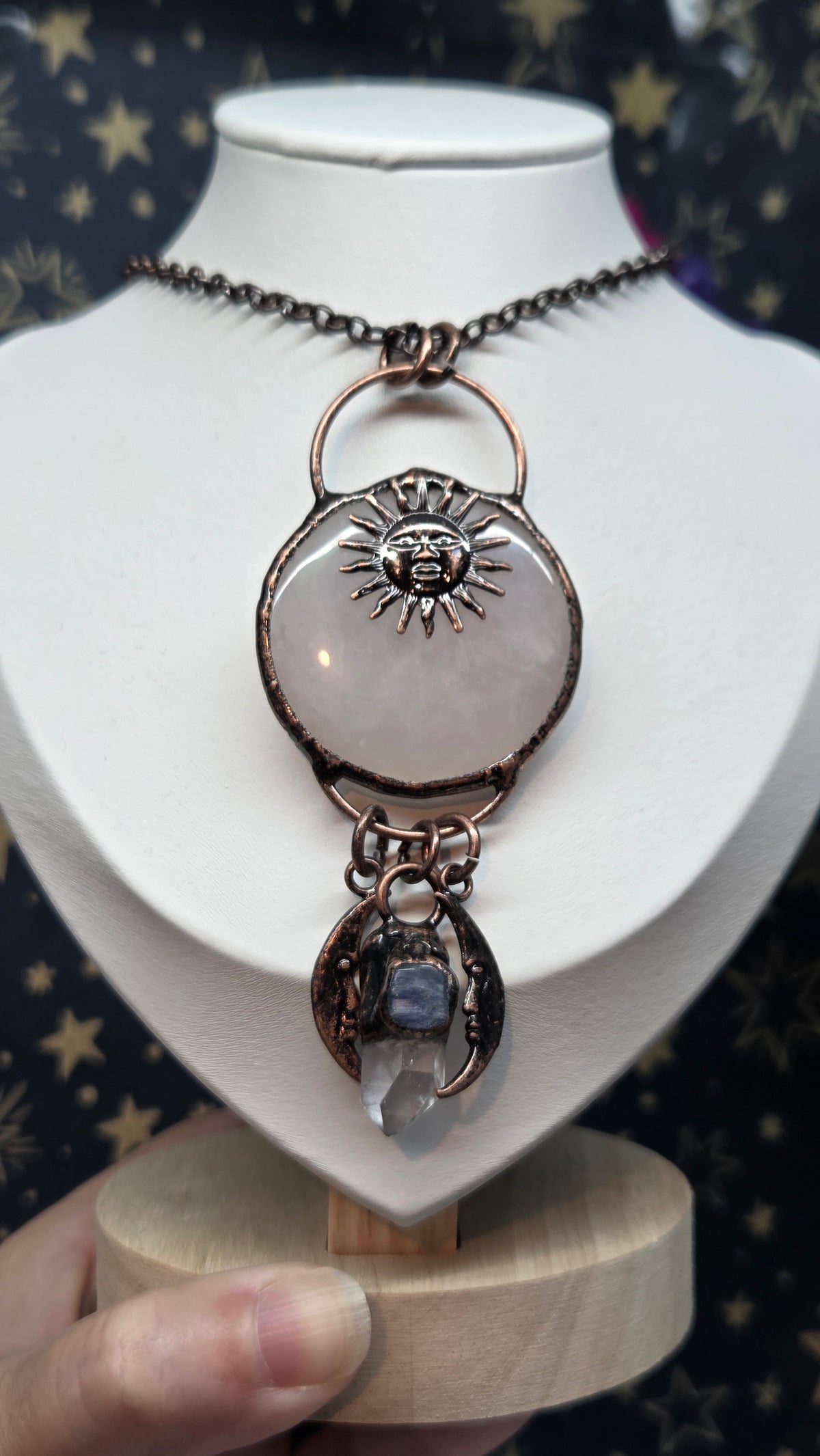 Large Rose Quartz Crystal Pendant/Necklace with Sun and Moons in Antique Bronze