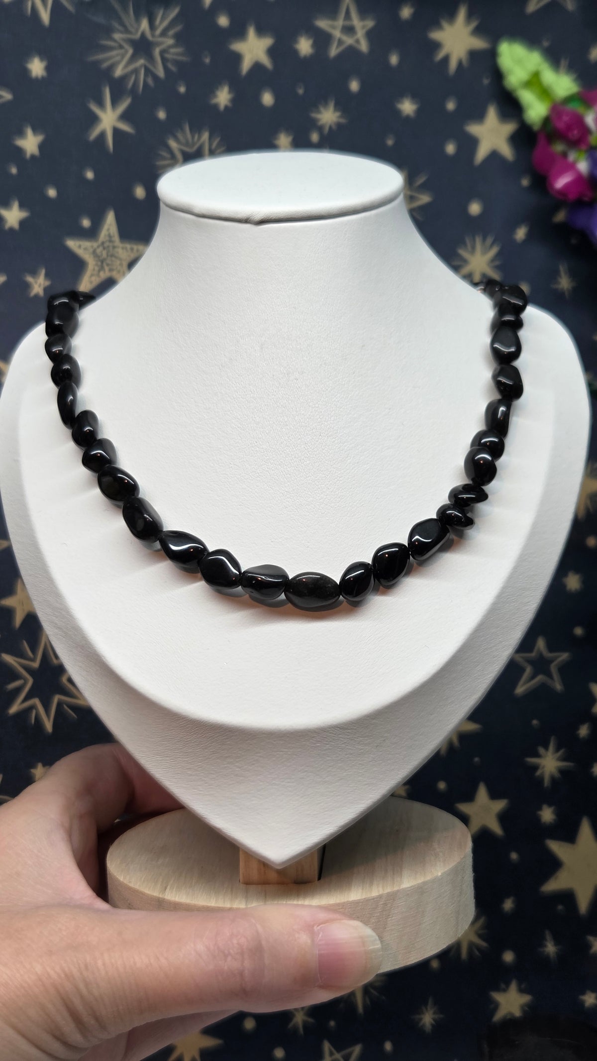 Black Obsidian Mixed Size Crystal Beaded Necklace with Silver Clasp