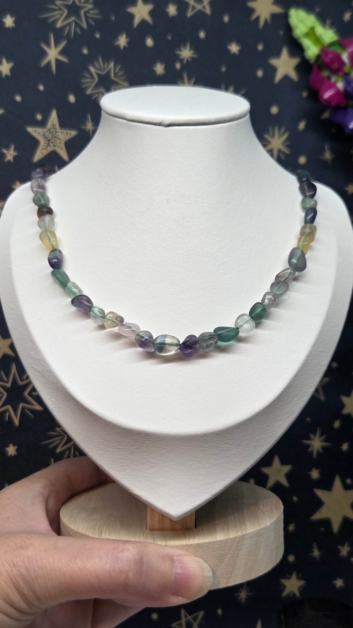 Fluorite Mixed Size Crystal Beaded Necklace with Silver Clasp