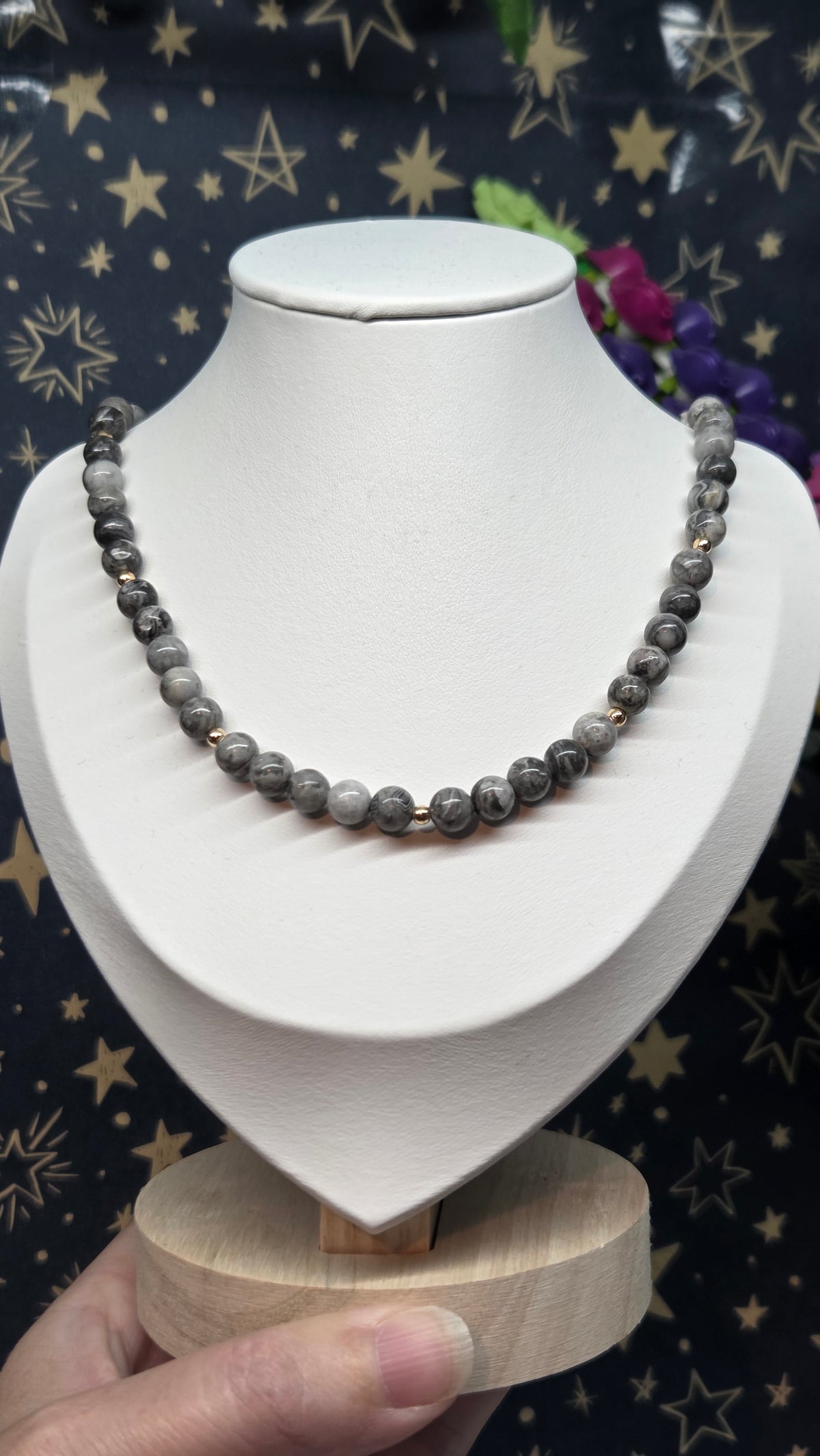 Picasso Jasper Crystal Beaded Necklace with Gold Spacers