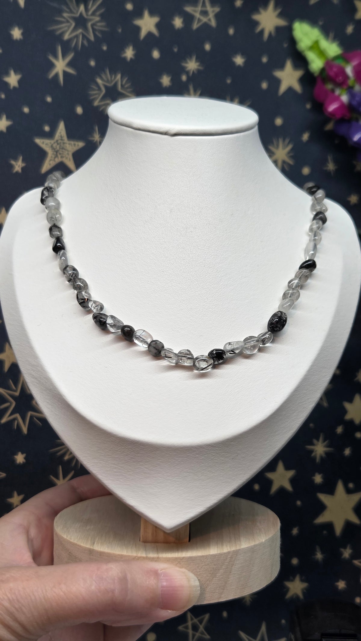 Black Tourmaline Rutilated Quartz Mixed Size Crystal Beaded Necklace with Silver Clasp