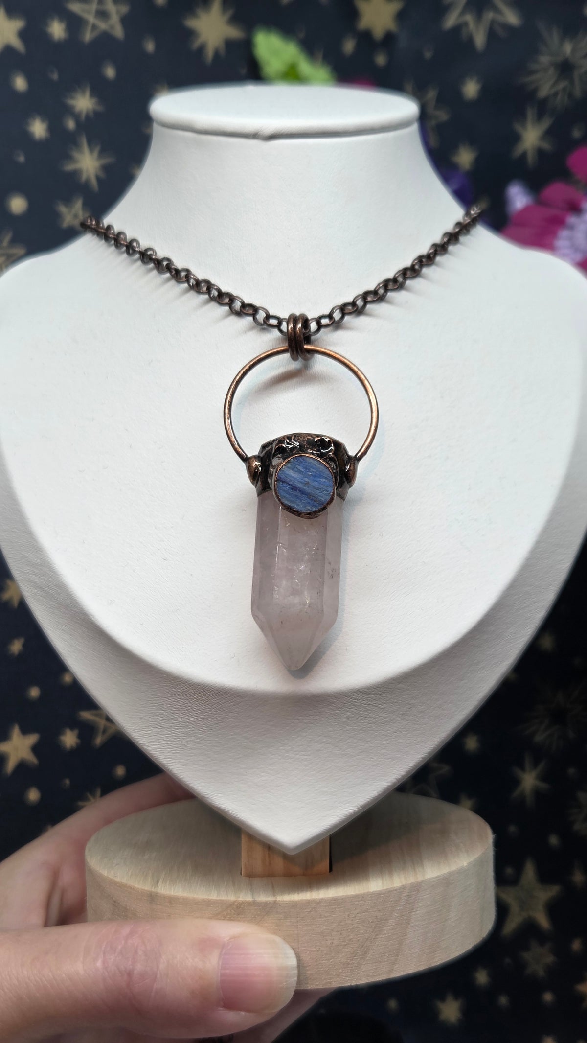 Rose Quartz Crystal Pendant in Antique Bronze