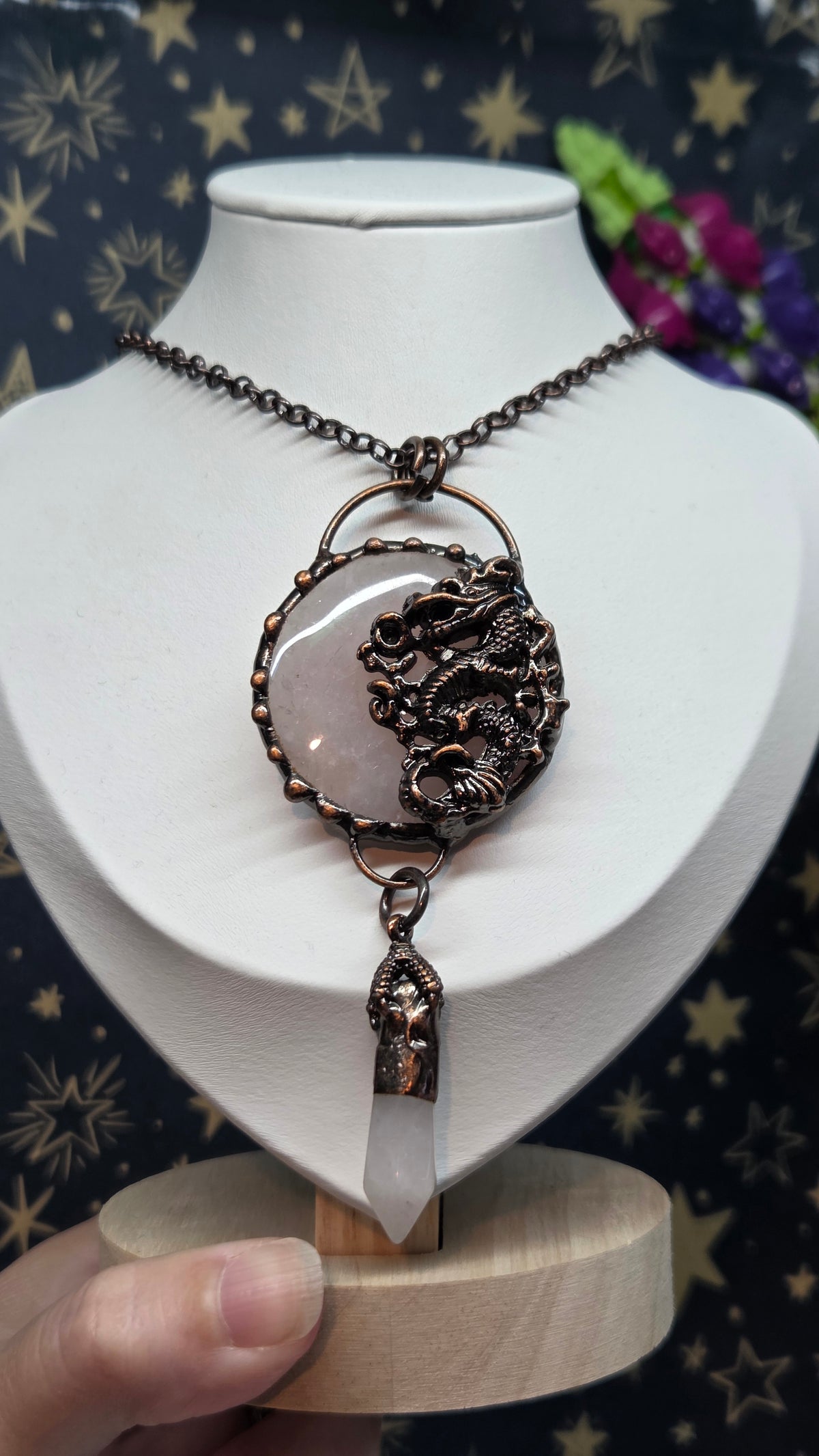 Large Rose Quartz Dragon Crystal Pendant/Necklace in Antique Bronze