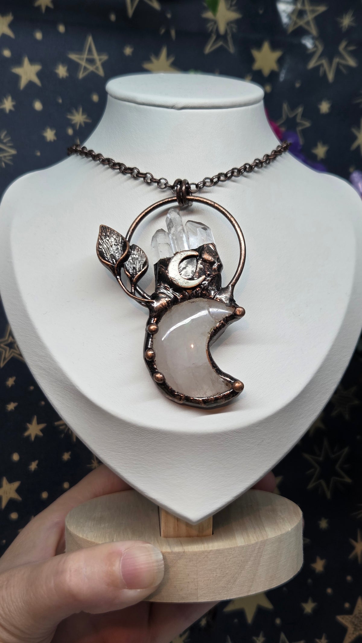 Rose Quartz Moon with Clear Quartz Crystal Pendant/Necklace in Antique Bronze