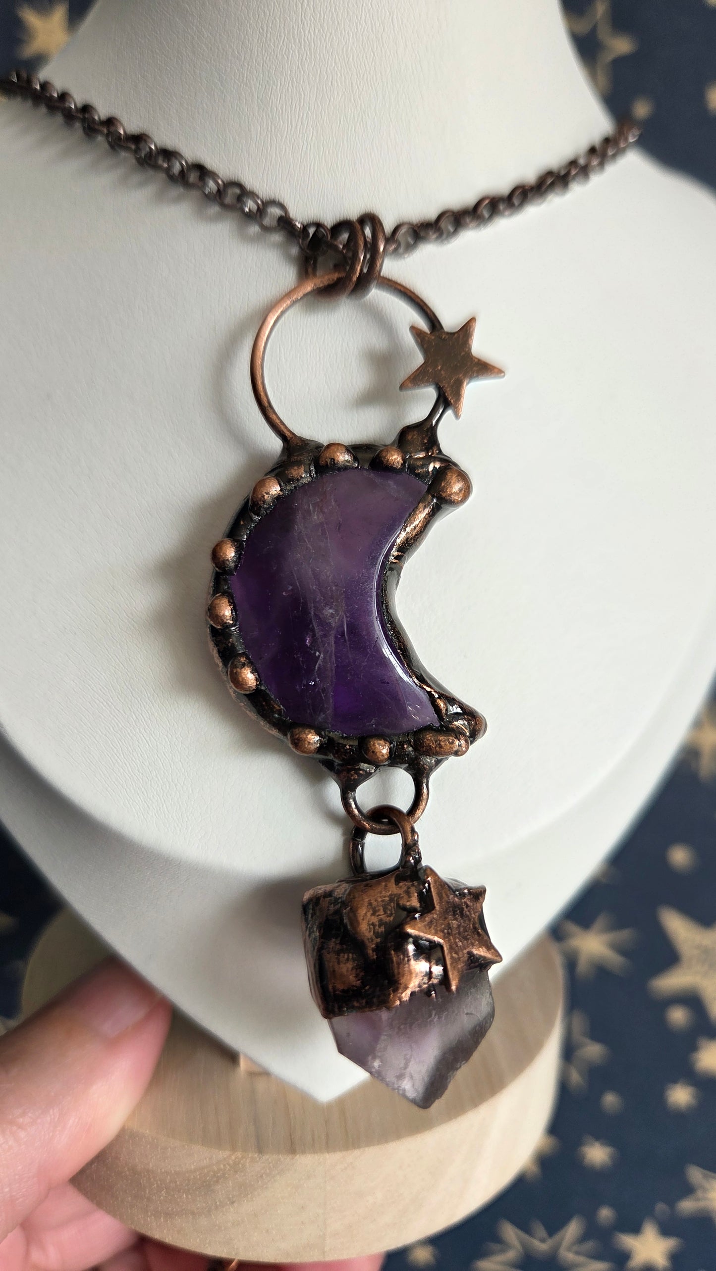 Antique Bronze Amethyst Moon Necklace/Pendant