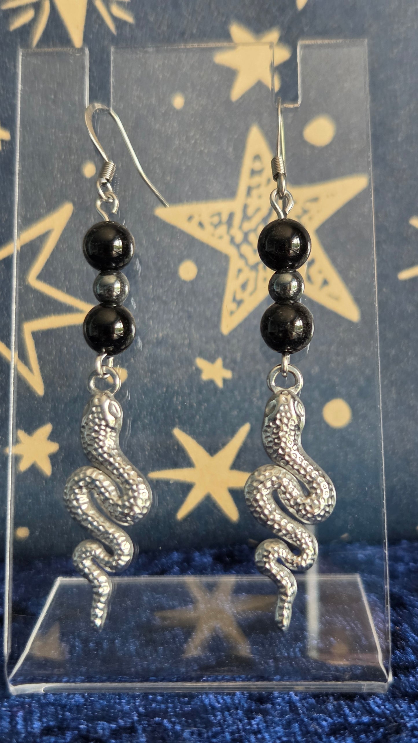 Black Onyx and Hematite Stainless Steel Drop Snake Earrings
