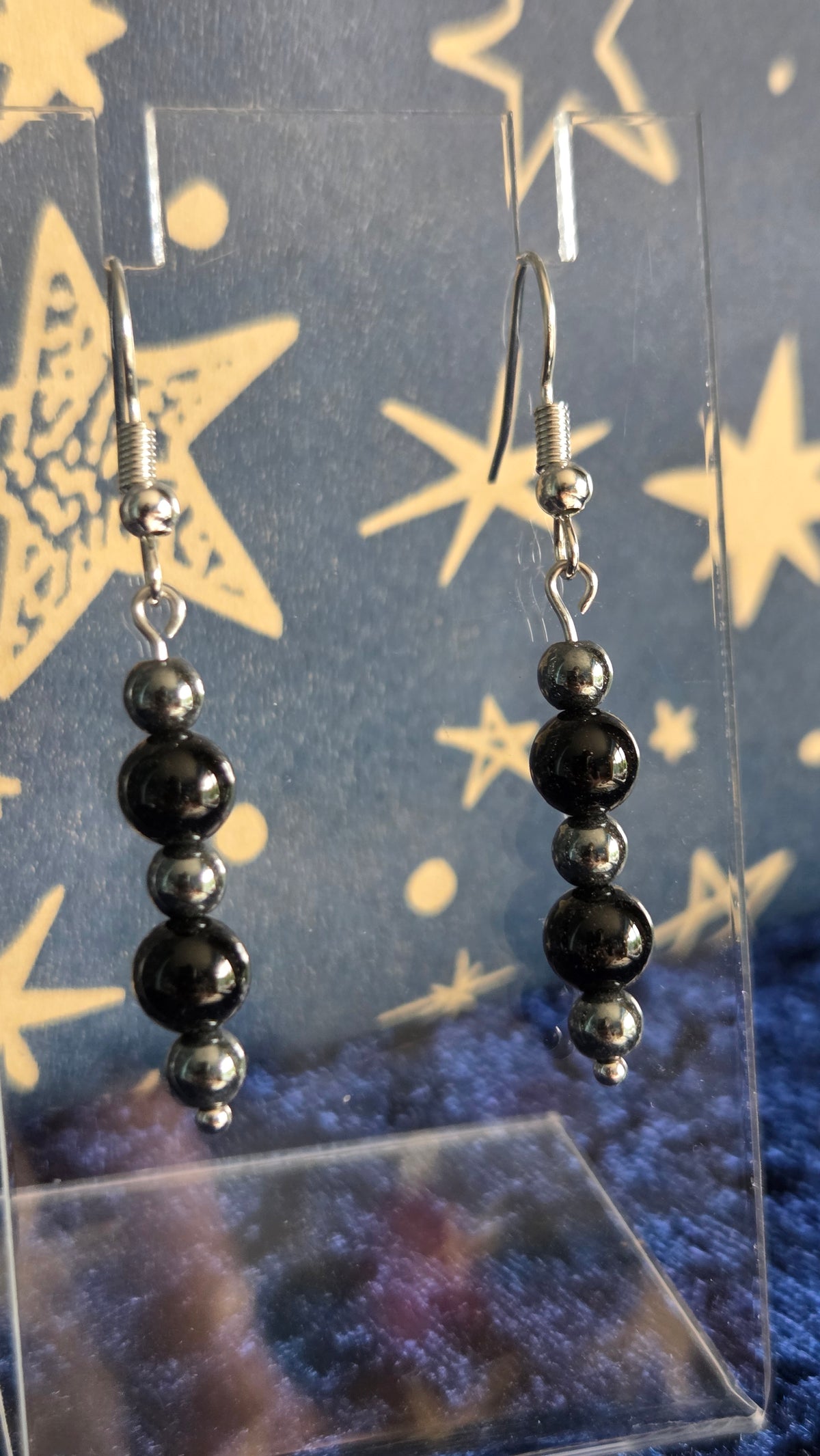Black Onyx and Hematite Stainless Steel Drop Earrings