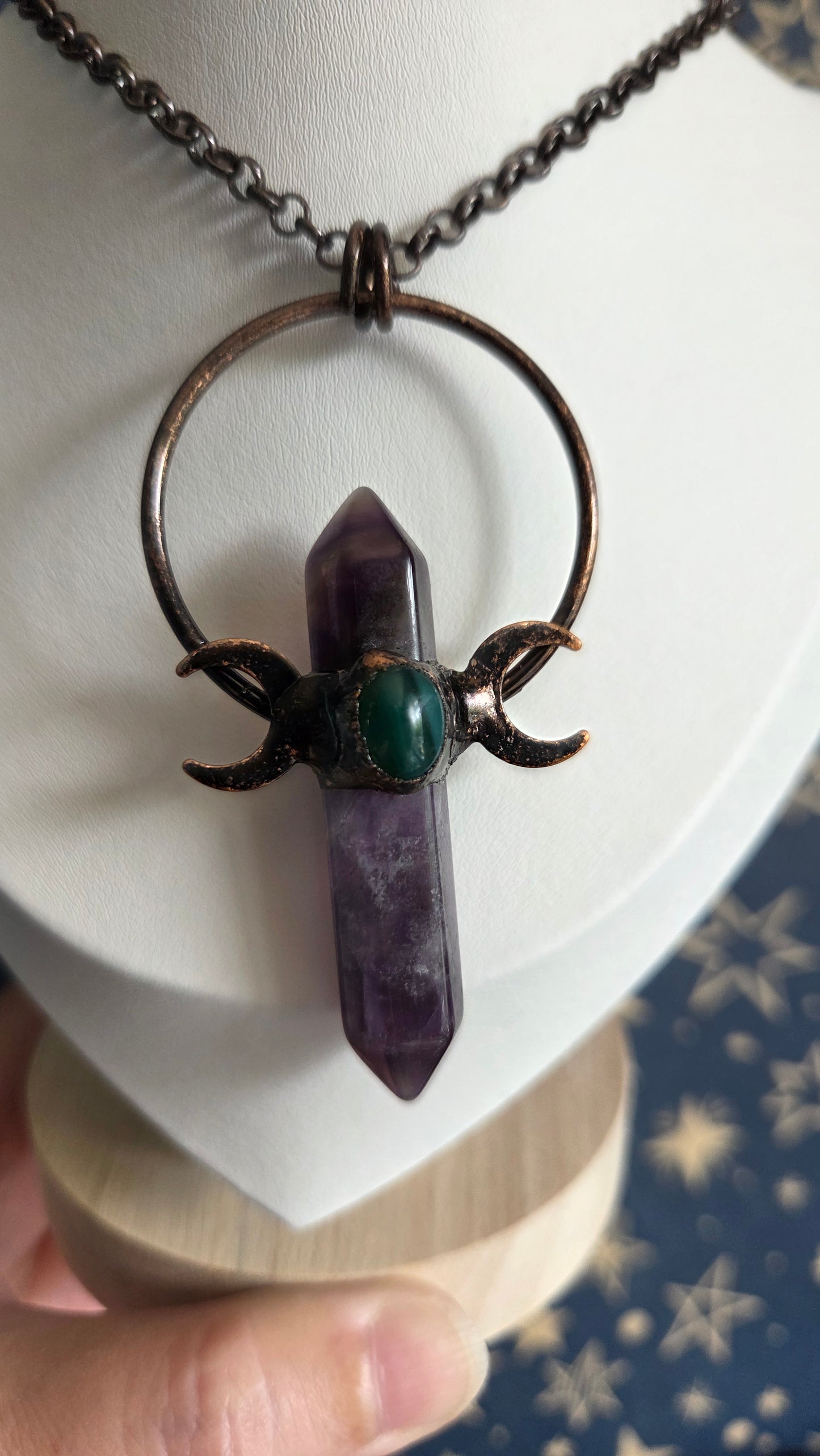 Antique Bronze Amethyst Triple Moon Goddess Necklace/Pendant