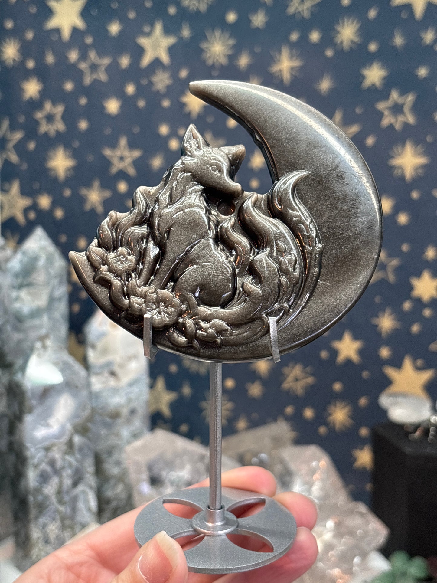 Silver Sheen Obsidian 9 Tail Fox with Moon on Stand