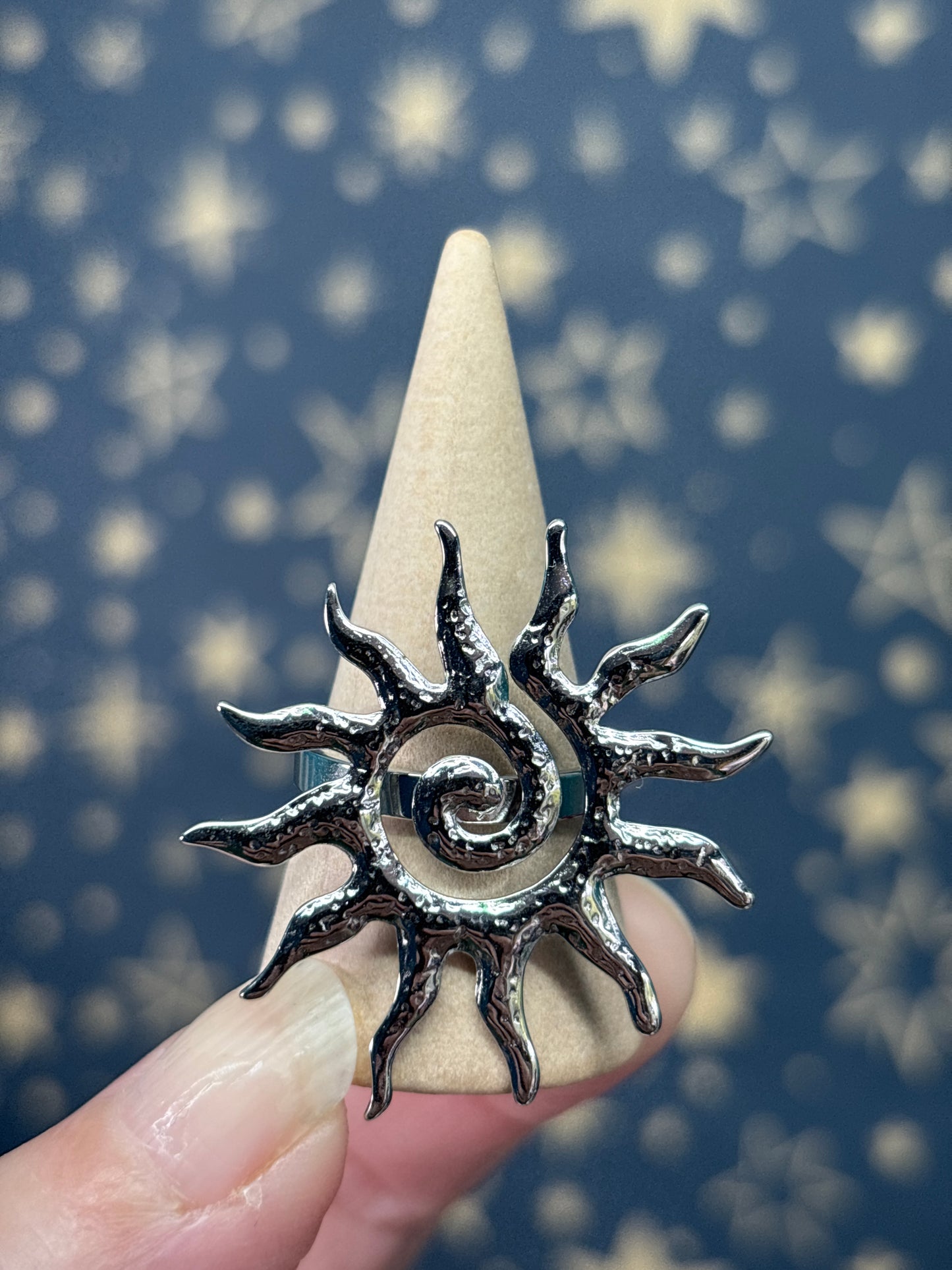 Large Spiral Sun Stainless Steel Adjustable Ring