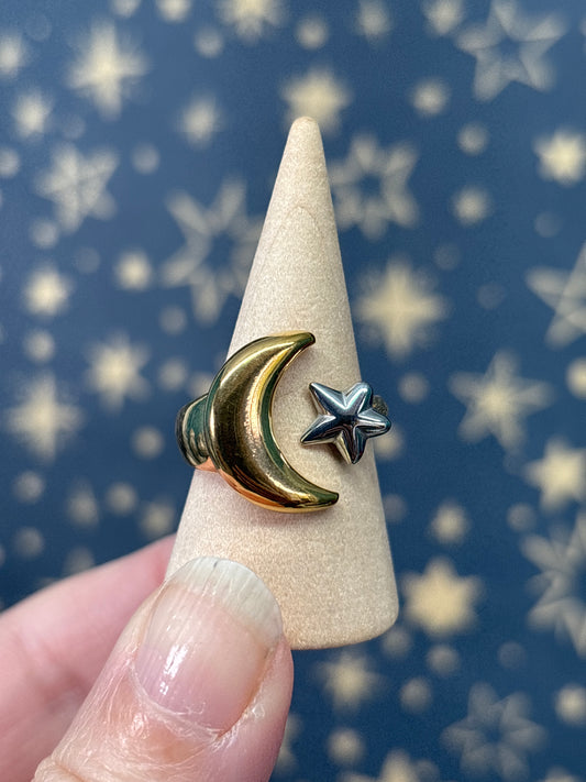Silver/Gold Star/Moon Stainless Steel Adjustable Ring
