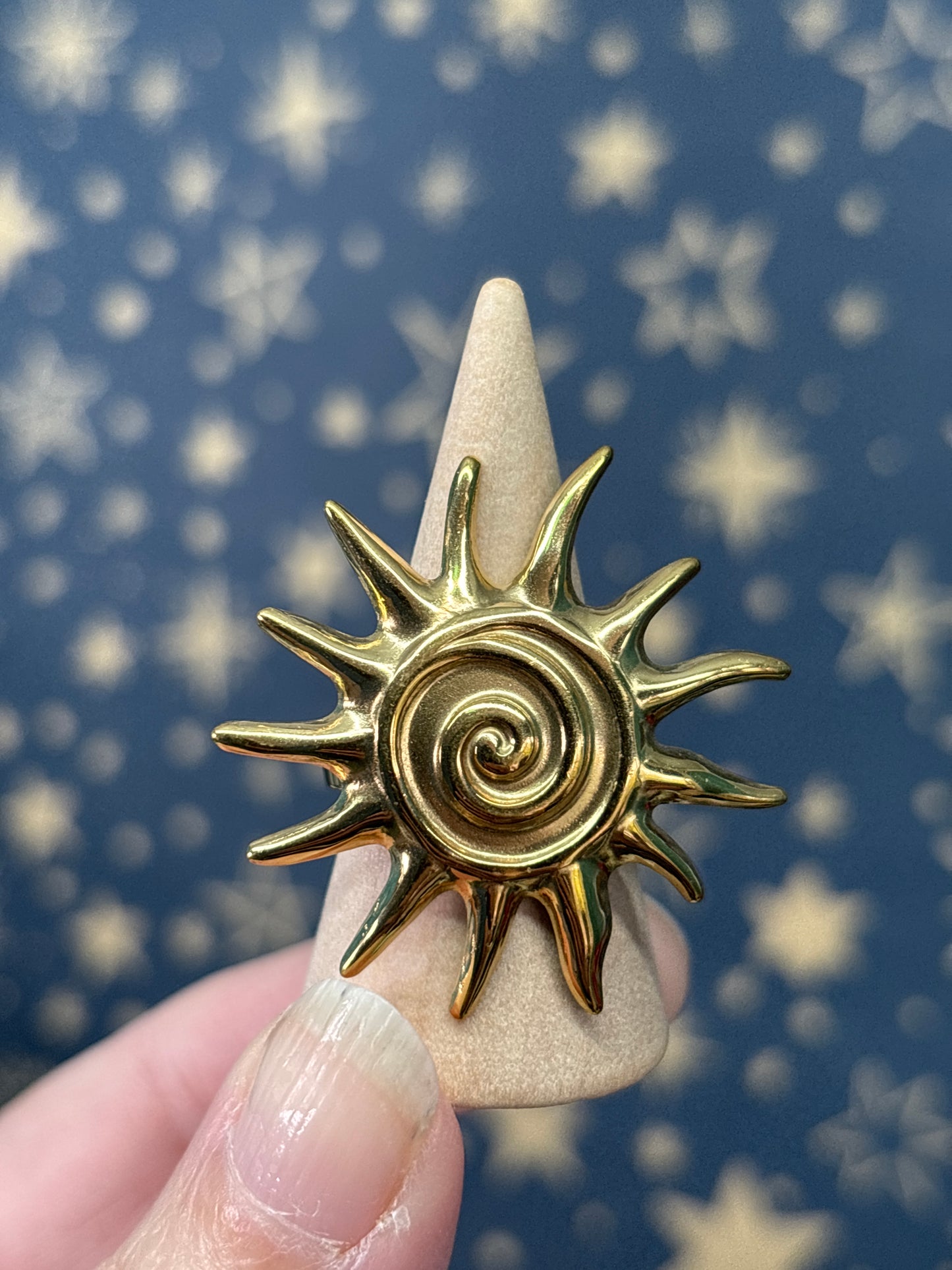 Large Sun 18k Gold Plated Stainless Steel Adjustable Ring