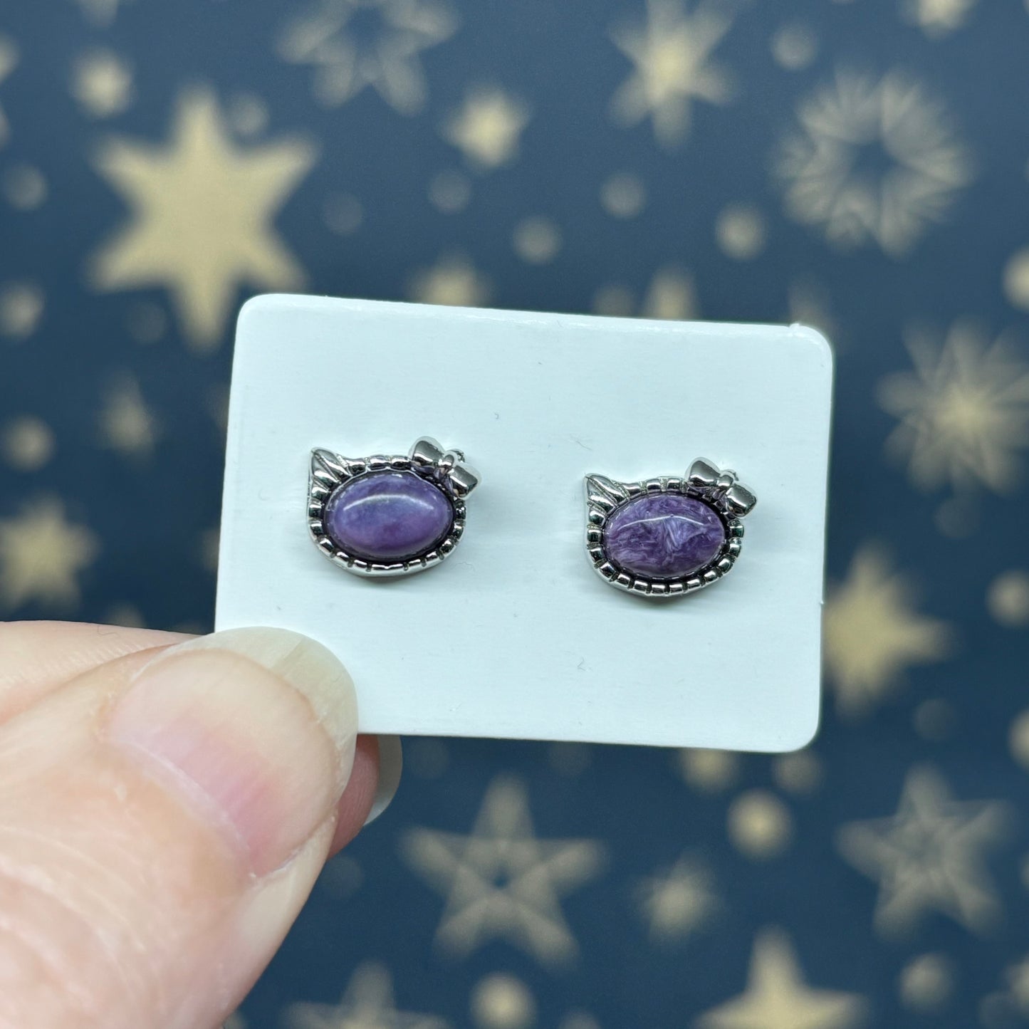 Charoite Kitty Cat Sterling Silver Studs