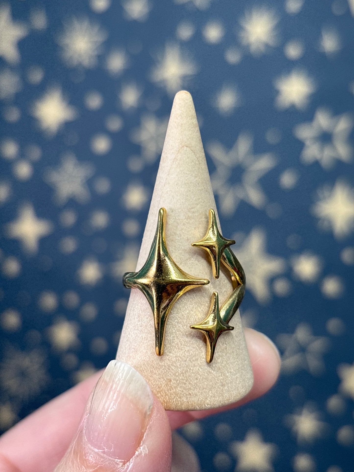 Large Starburst 18k Gold Plated Stainless Steel Adjustable Ring