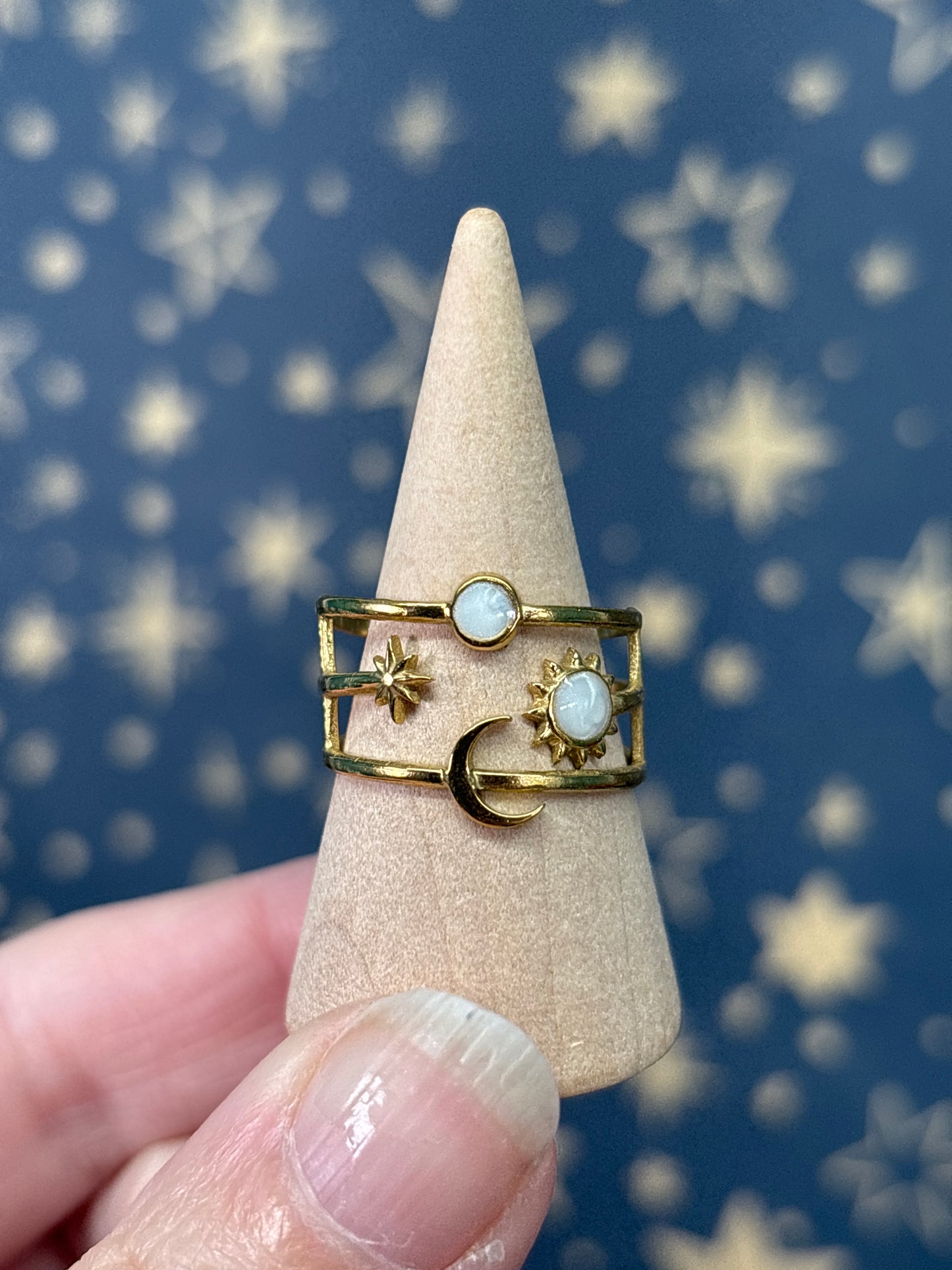 Sun/Moon/Star 18k Gold Plated Stainless Steel Adjustable Ring White