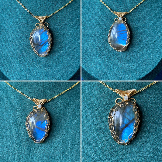 Flashy Labradorite Wire Wrapped Pendant in Gold