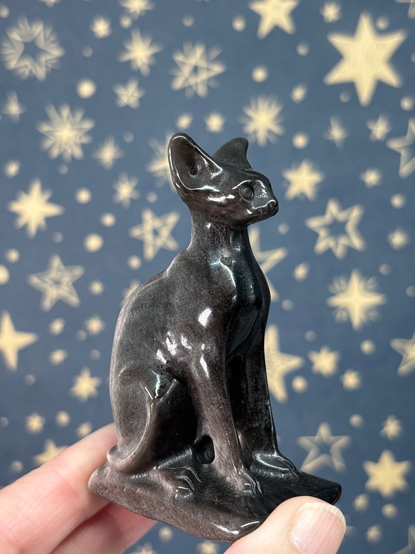 Silver Sheen Obsidian Egyptian Cat 8cm