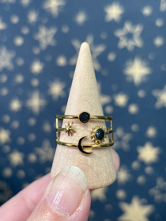 Sun/Moon/Star 18k Gold Plated Stainless Steel Adjustable Ring Black