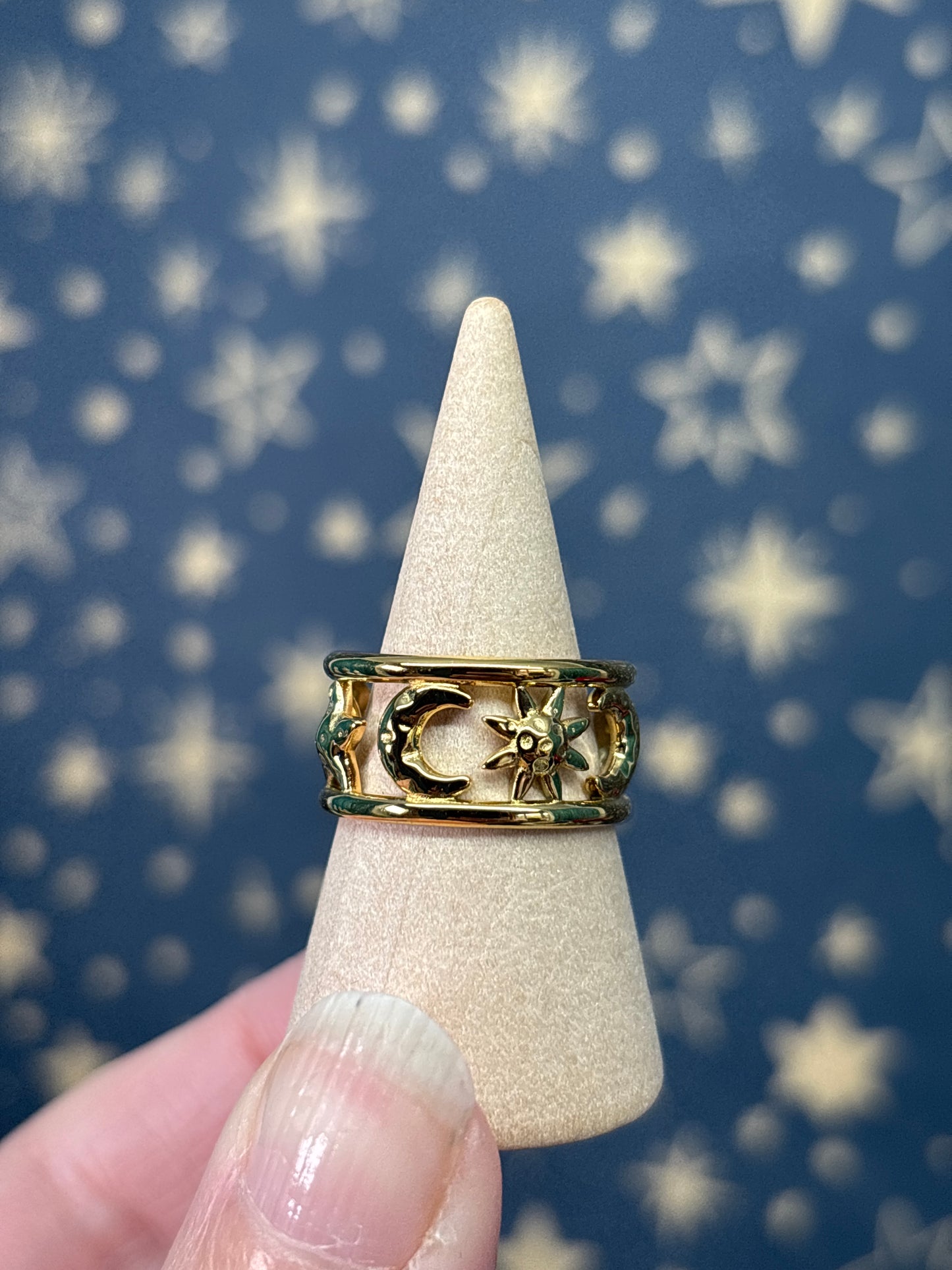 Star/Moon 18k Gold Plated Stainless Steel Adjustable Ring