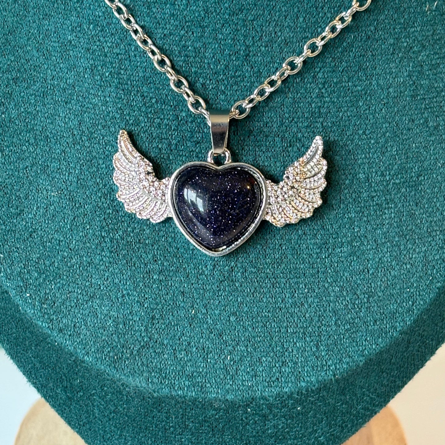 Blue Goldstone Wings Pendant/Necklace - Stainless Steel