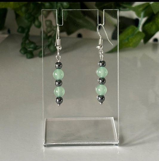 Green Aventurine and Hematite Stainless Steel Drop Earrings