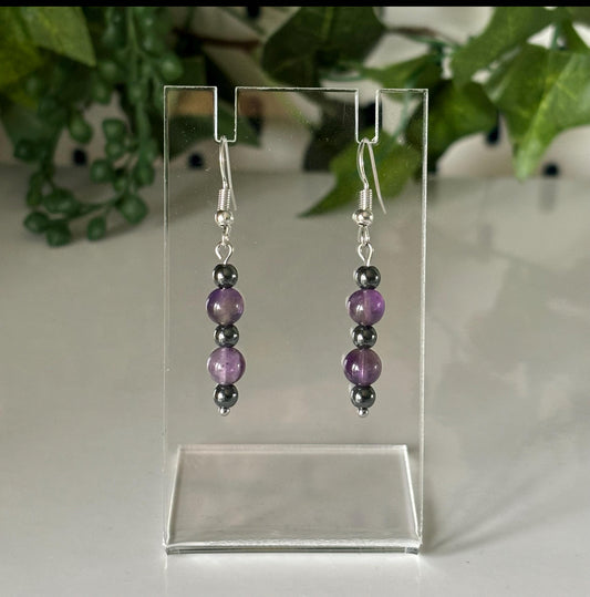 Amethyst and Hematite Stainless Steel Drop Earrings