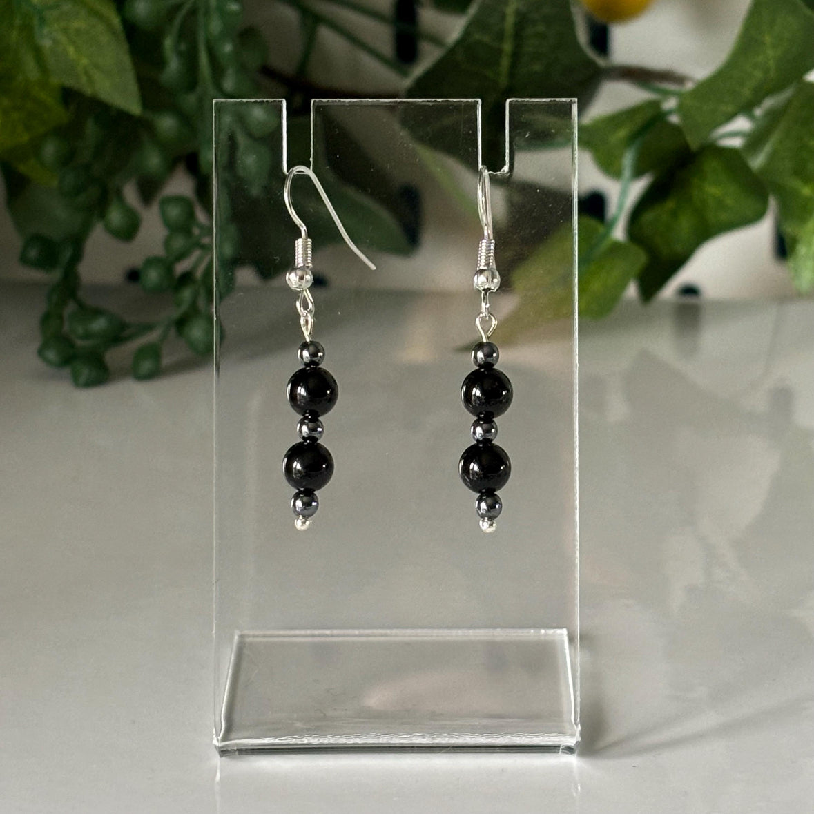 Black Onyx and Hematite Stainless Steel Drop Earrings