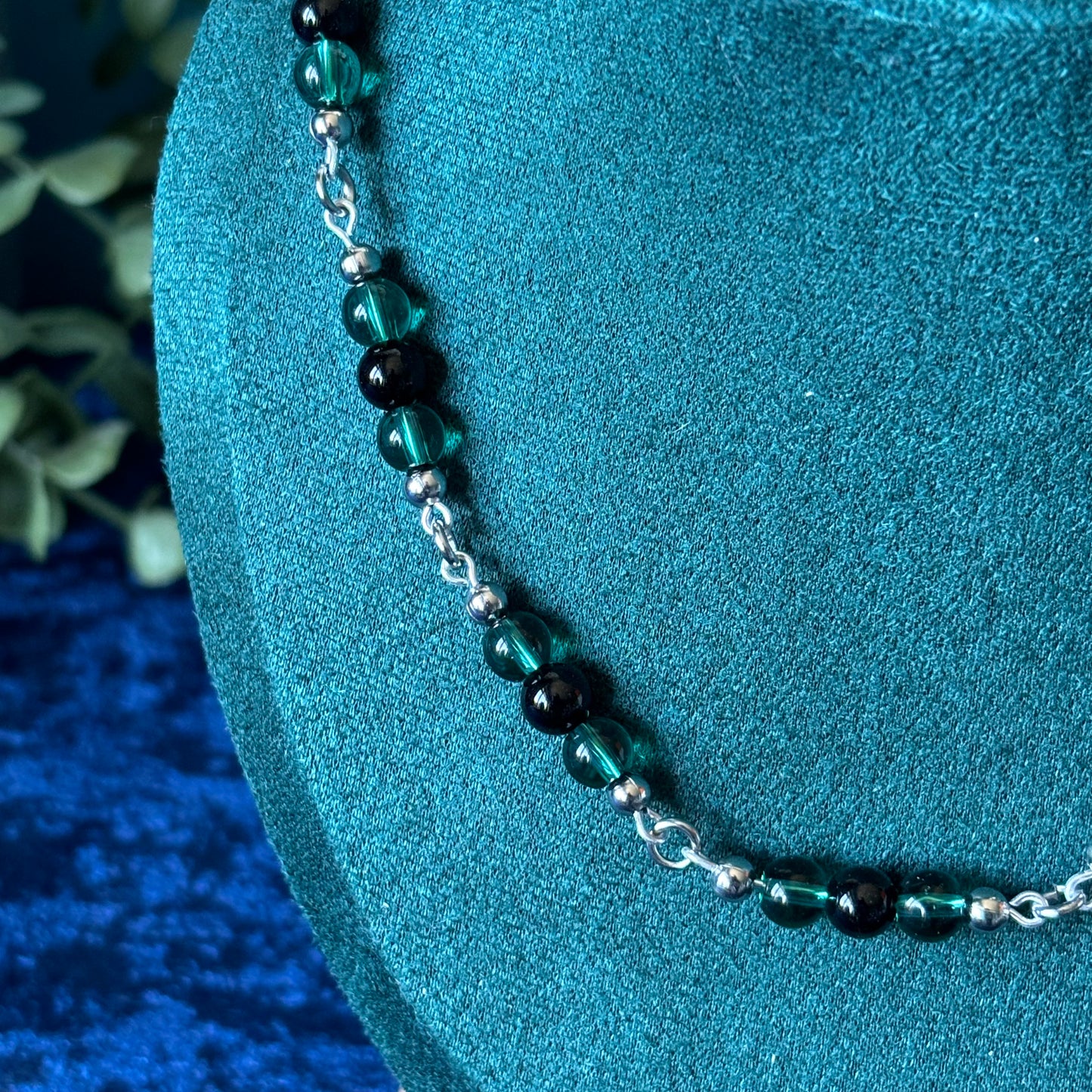 Black Onyx with Teal Glass Bead Dainty Necklace