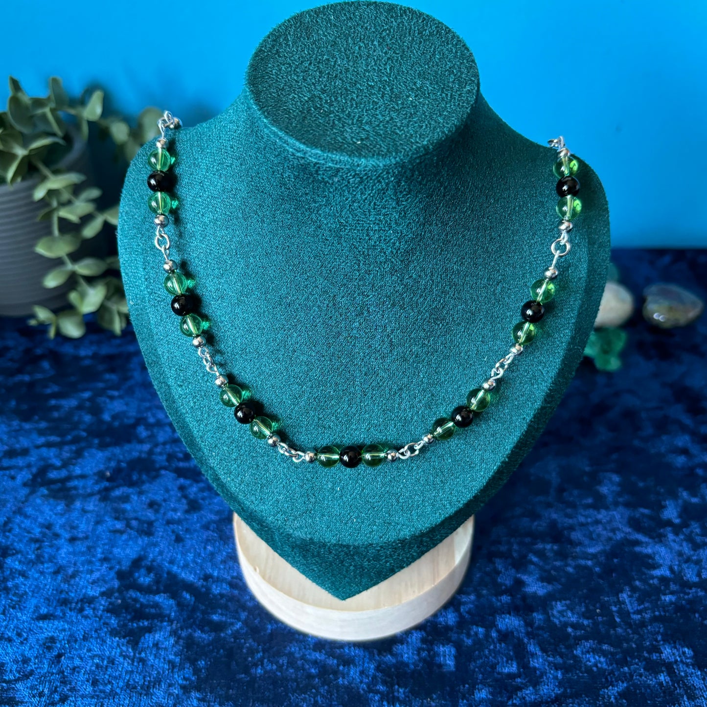 Black Onyx with Green Glass Bead Dainty Necklace