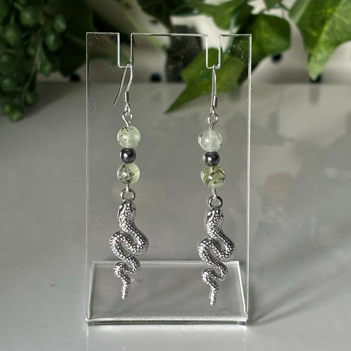 Prehnite and Hematite Snake Stainless Steel Drop Earrings