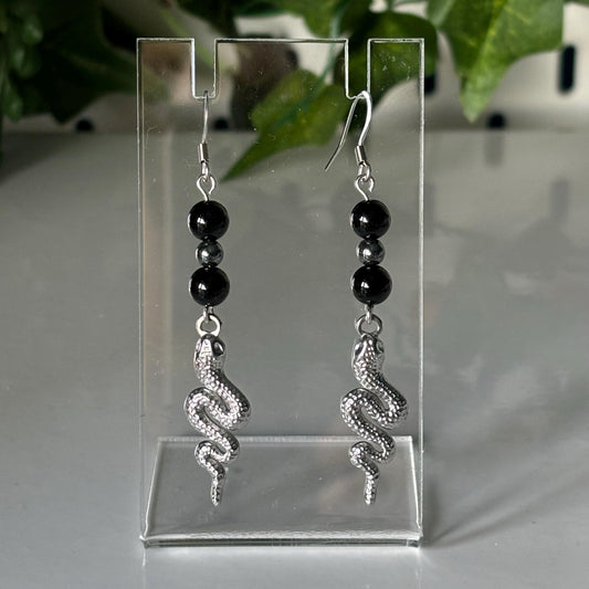 Black Onyx and Hematite Stainless Steel Drop Earrings