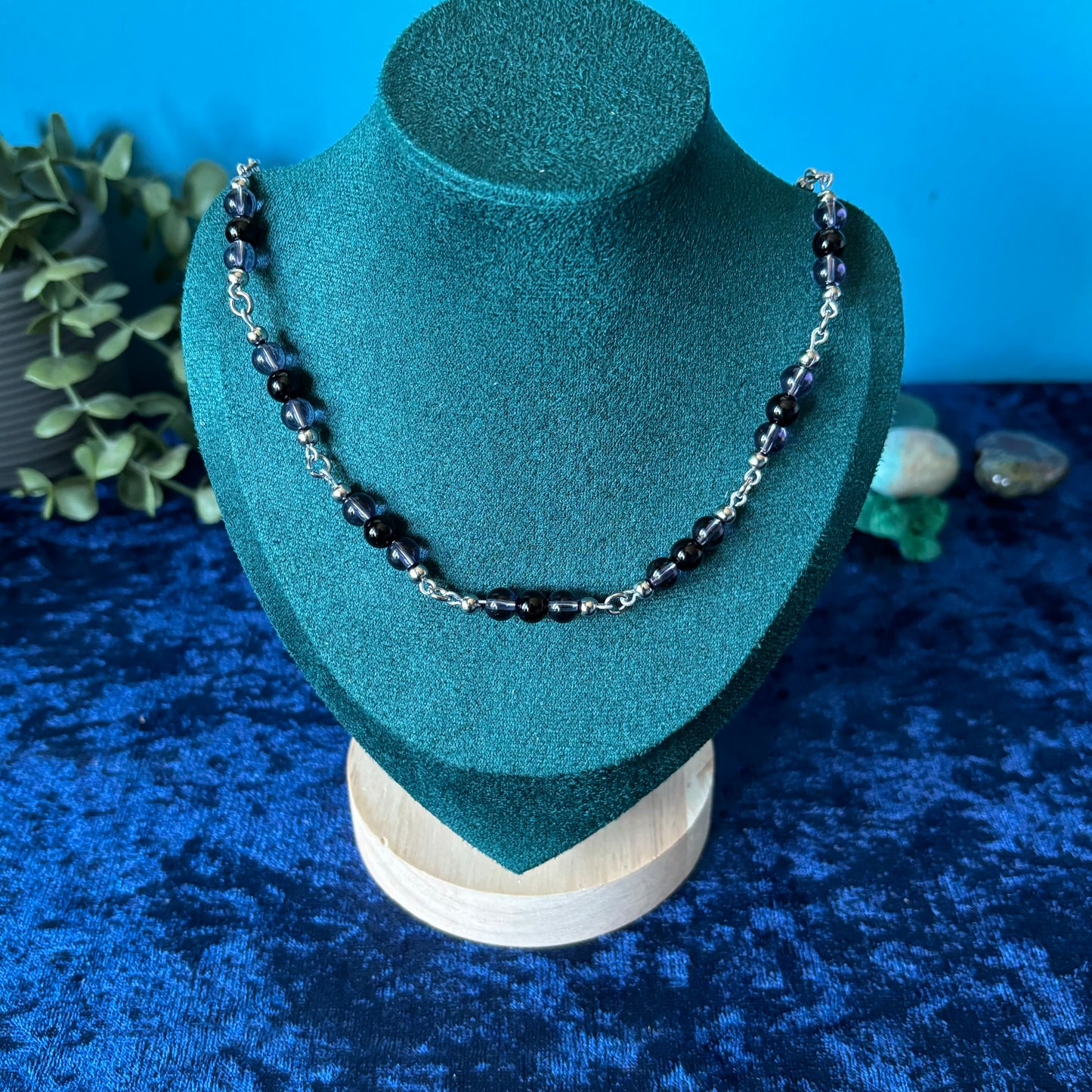 Black Onyx and Dusky Purple Glass Bead Dainty Necklace