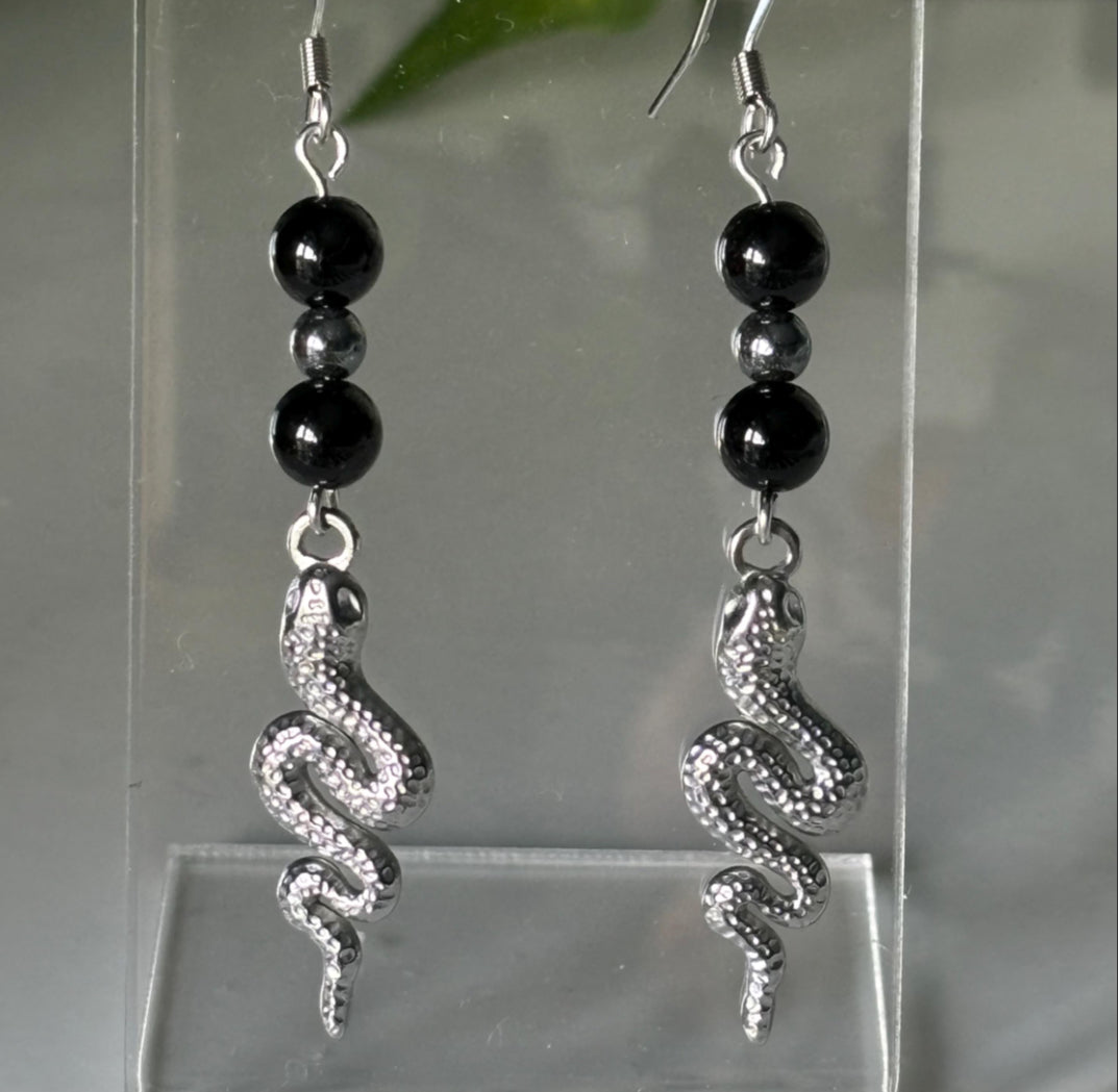 Black Onyx and Hematite Stainless Steel Drop Earrings