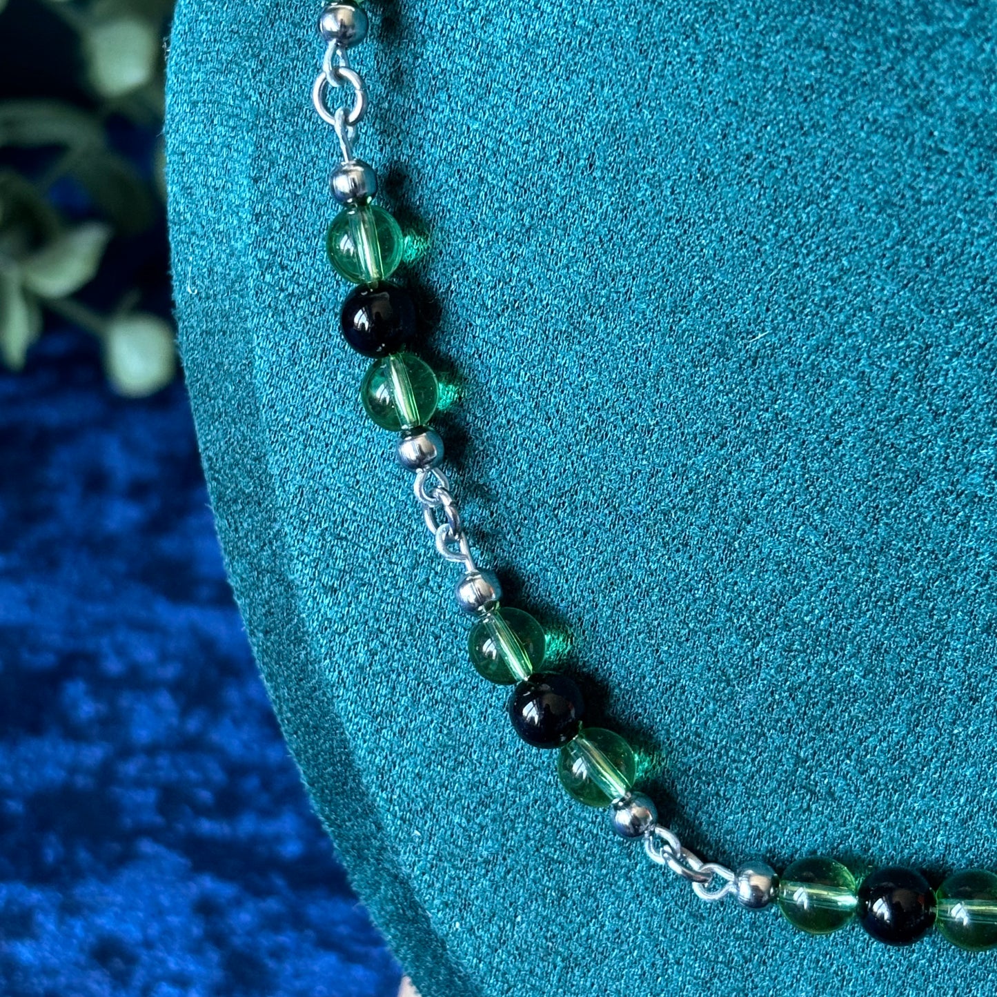 Black Onyx with Green Glass Bead Dainty Necklace