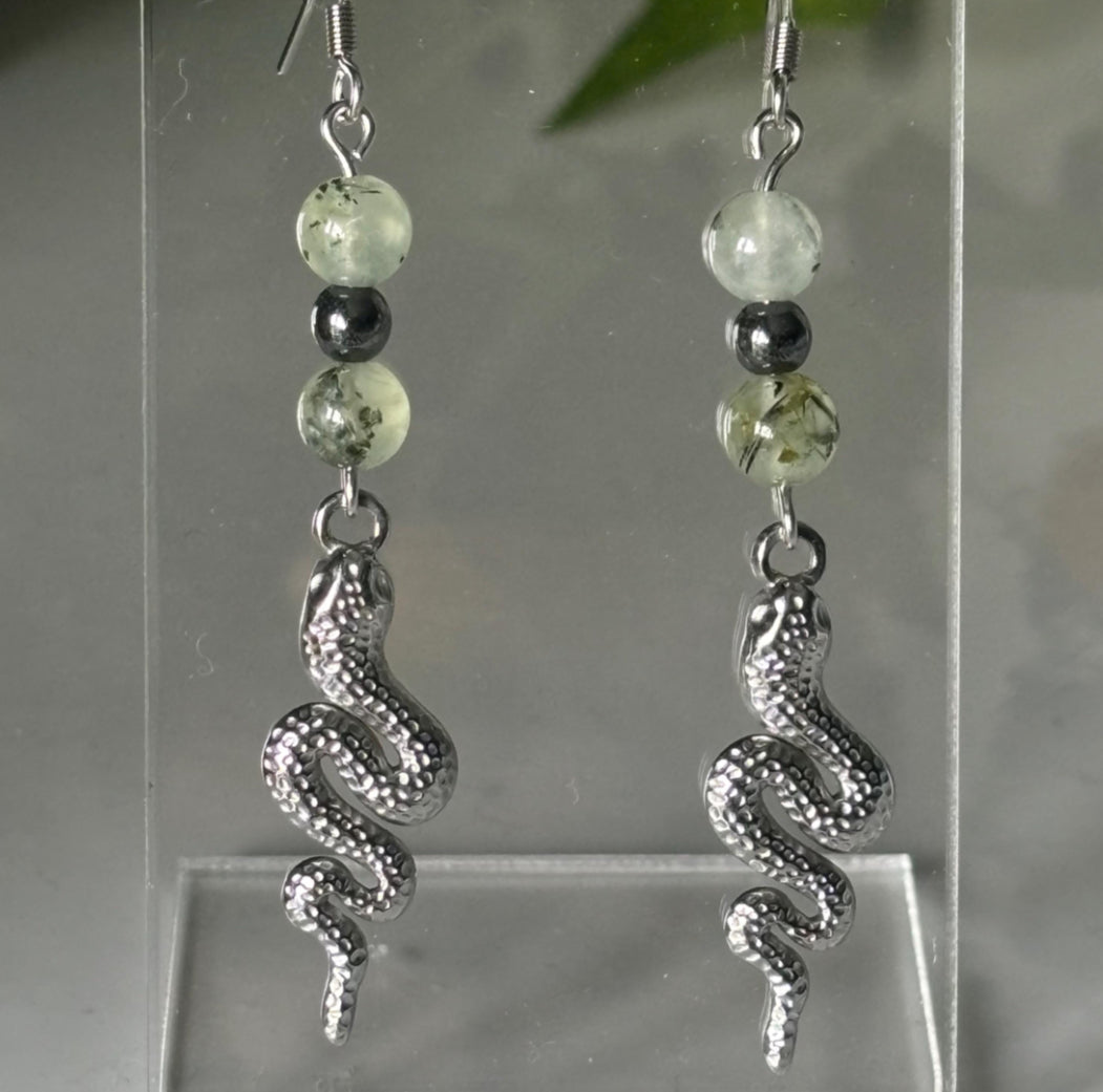 Prehnite and Hematite Snake Stainless Steel Drop Earrings