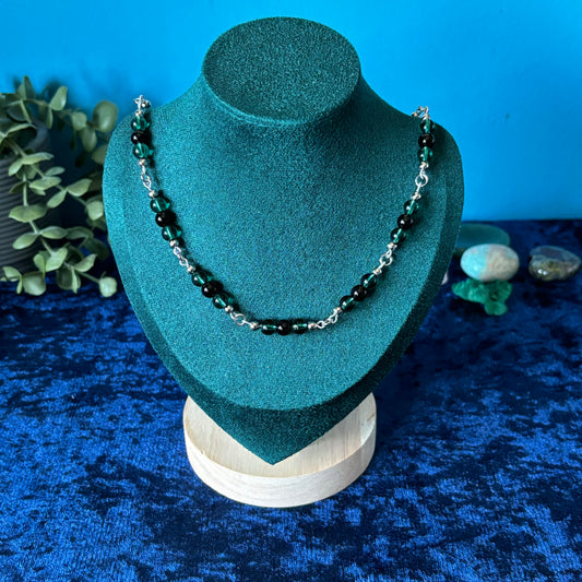 Black Onyx with Teal Glass Bead Dainty Necklace