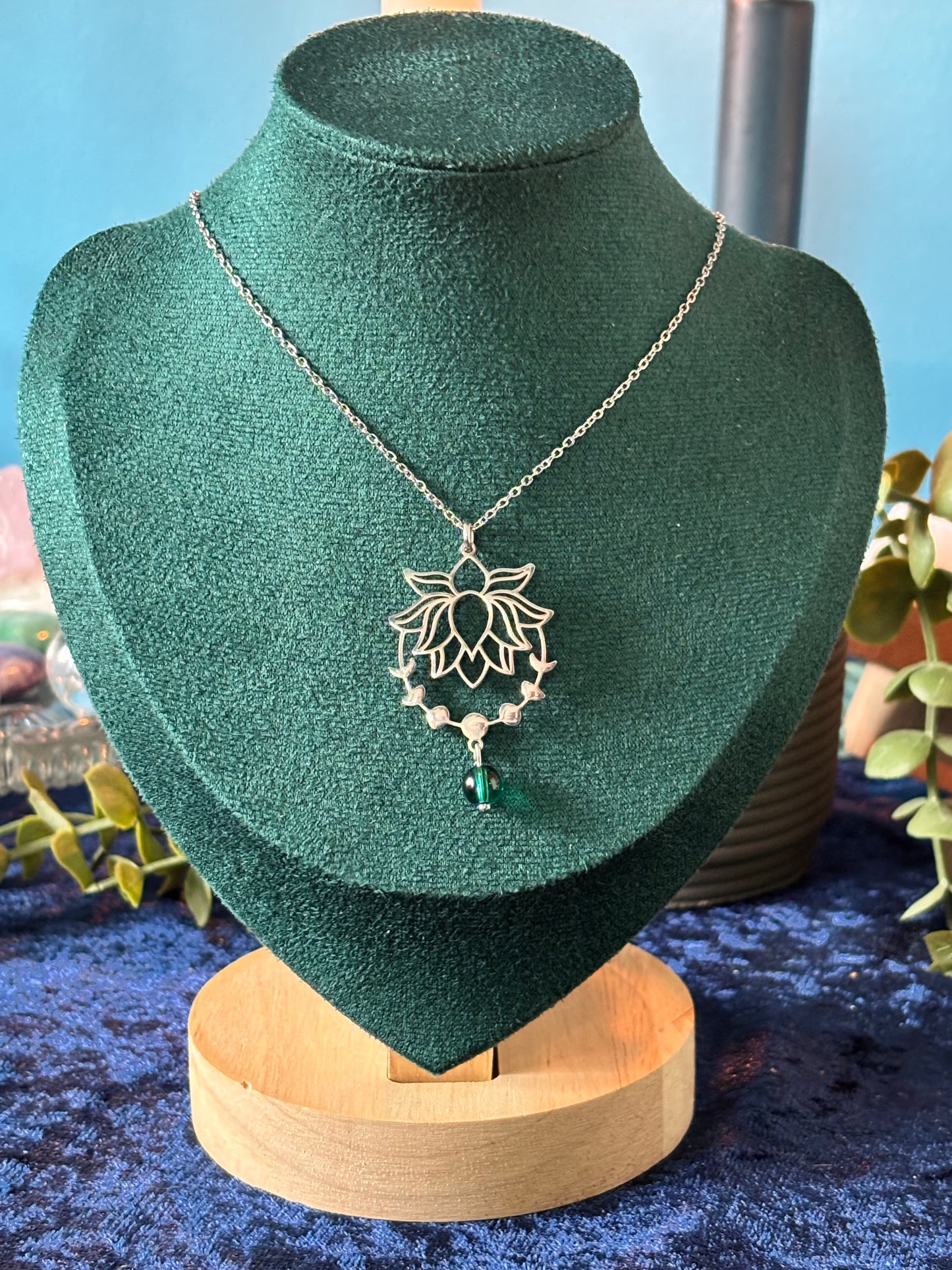 Lotus Moon Phase Pendant/Necklace with Teal Bead