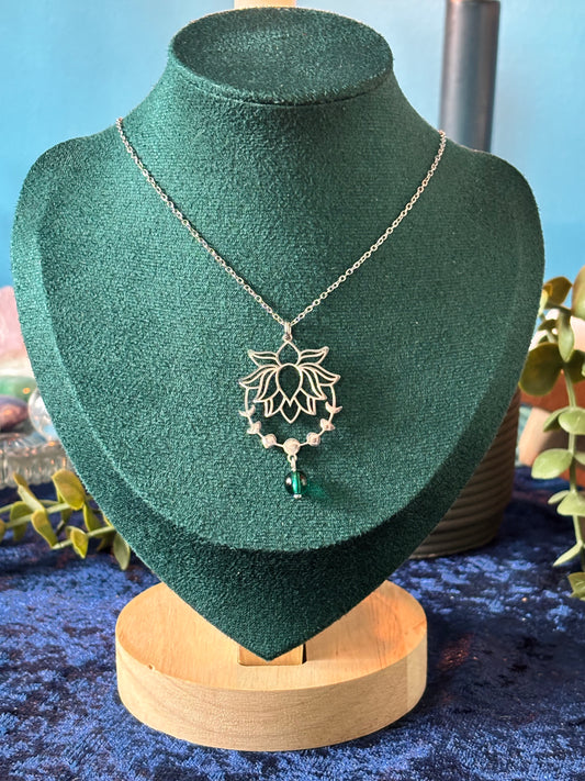 Lotus Moon Phase Pendant/Necklace with Teal Bead