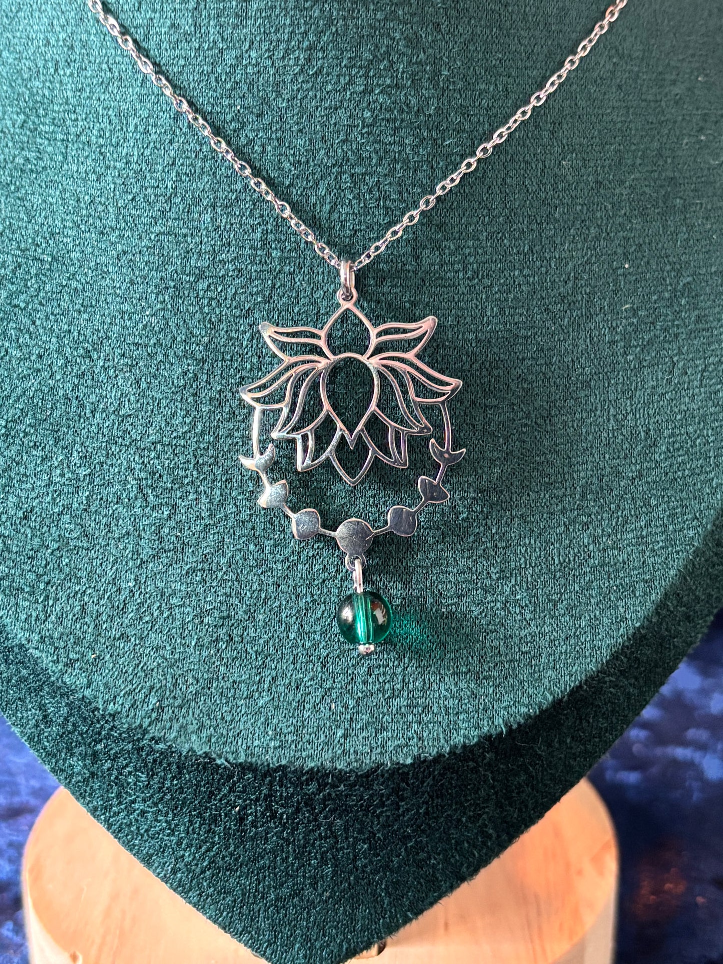 Lotus Moon Phase Pendant/Necklace with Teal Bead