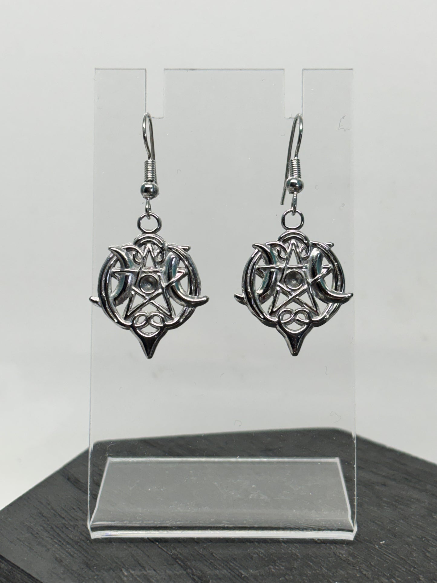 Moon Phase Pentagram Silver Earrings