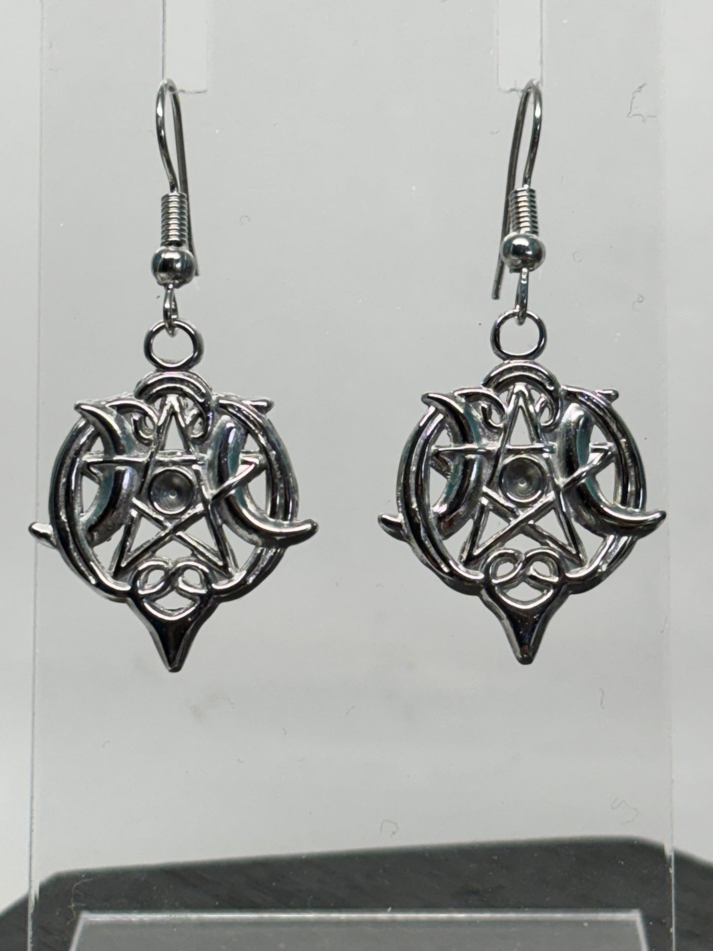 Moon Phase Pentagram Silver Earrings