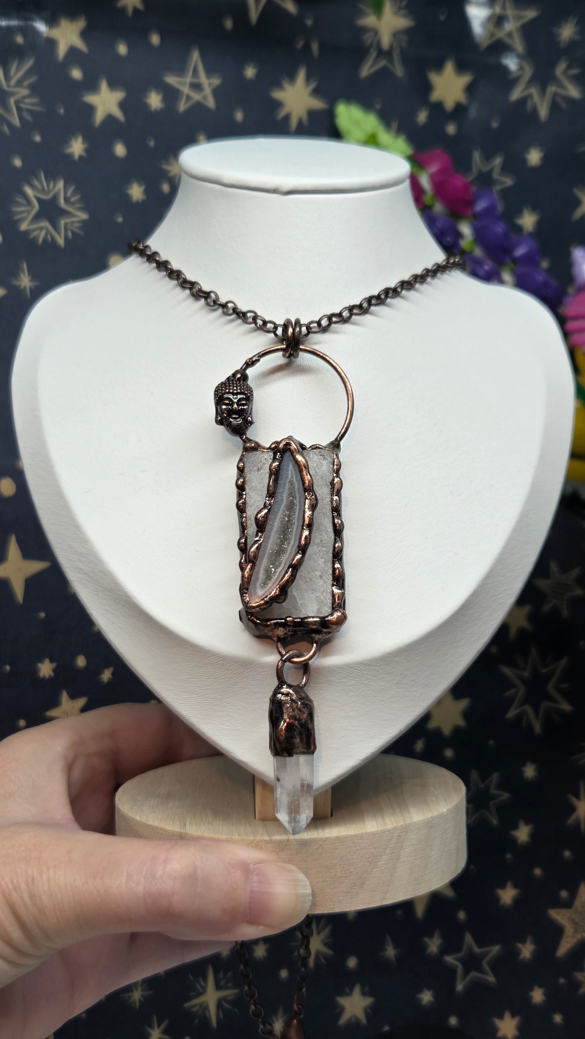 Clear Quartz and Druzy Crystal Pendant/Necklace in Antique Bronze