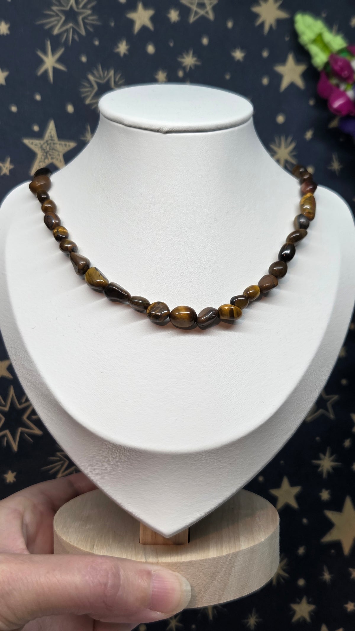 Tigers Eye Mixed Sized Crystal Beaded Necklace with Silver Clasp